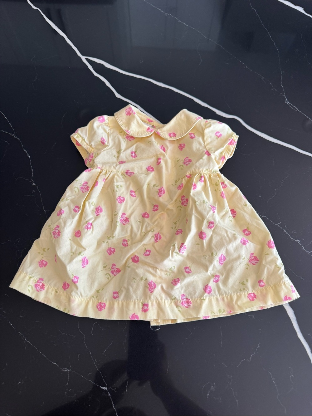 Vintage Laura Ashley Yellow Baby Dress with Pink Rose Print and Peter Pan Collar
